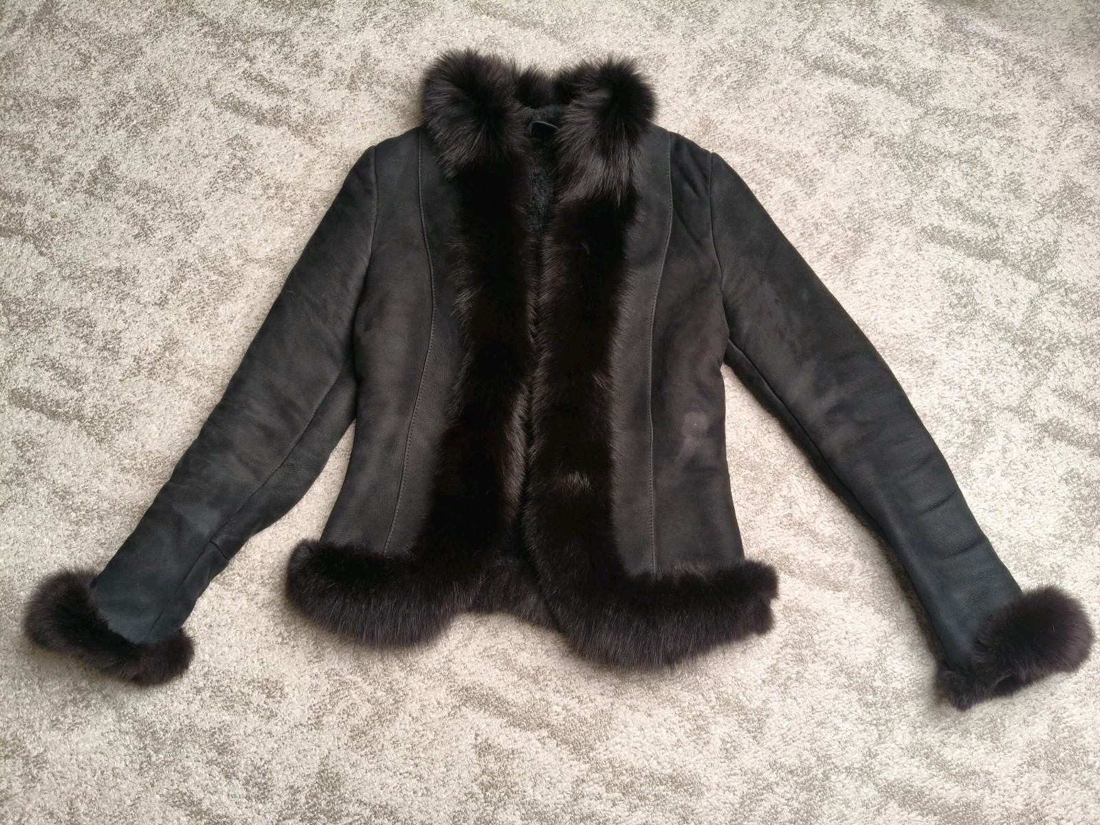 Black Penny Lane sheepskin shearling coat with fox fur trim Saga Furs Size S-XS