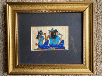 Three Females Egyptian Framed Art on Papyrus with Egyptian Figures & Symbols