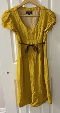 CUE Ladies Mustard Yellow Short-Sleeve Work  Dress Satin Ribbon Near New Size 6