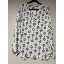 pleione Women's XL Long Sleeve White Pink Black Tile Print Blouse