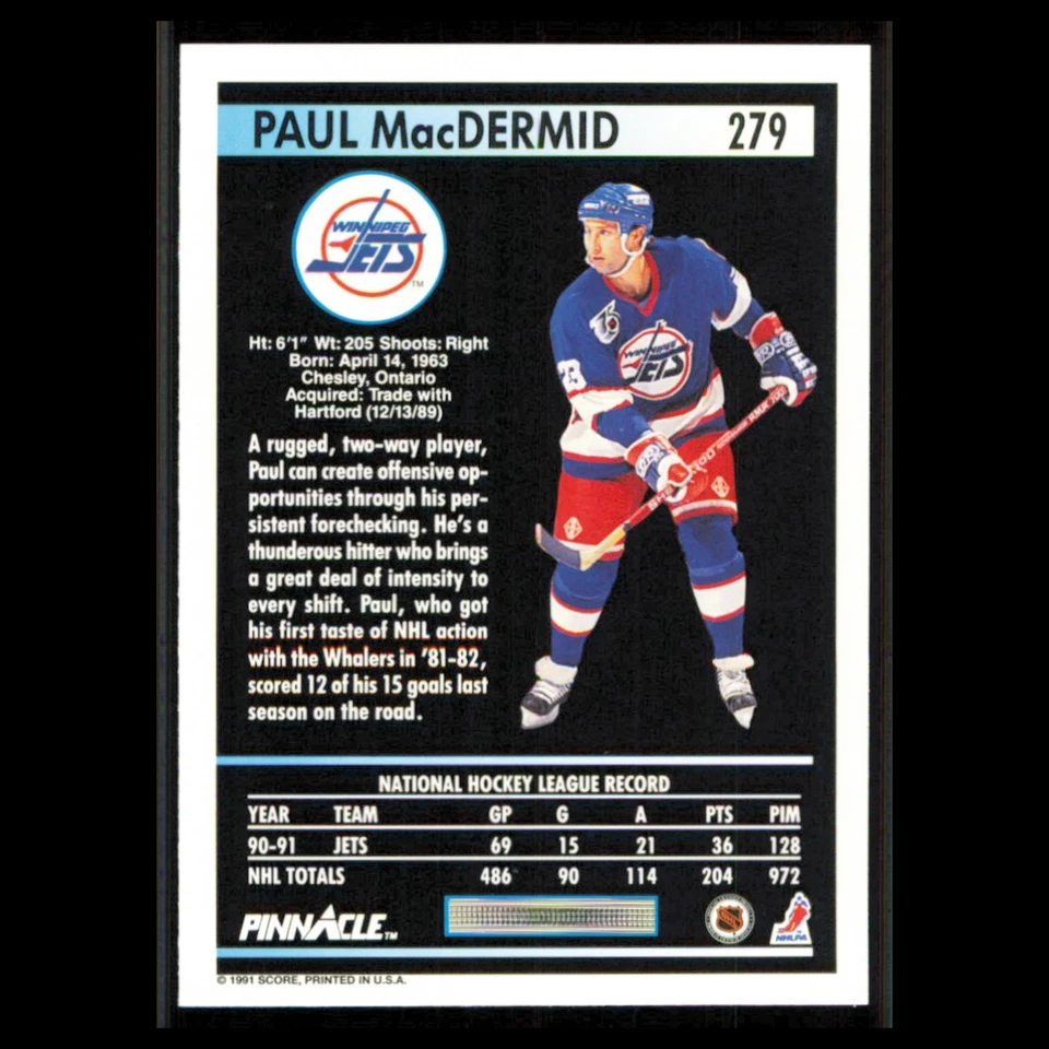 Paul MacDermid #279 1991 Pinnacle Winnipeg Jets Hockey Card NHL NM - Image 2 of 3