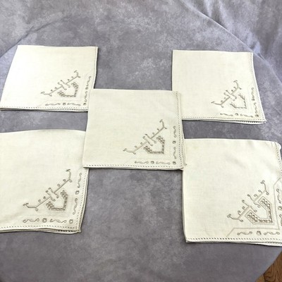 VTG Linen Embroidered Formal Dinner Napkins Ecru Linen Cutwork Hemstitched 22''