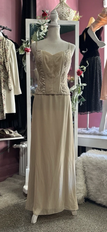 Maxi Vestido Formal Sin Mangas Corsé Vintage Años 90 Cuentas Doradas Noche Baile de graduación M Foto 2 de 4