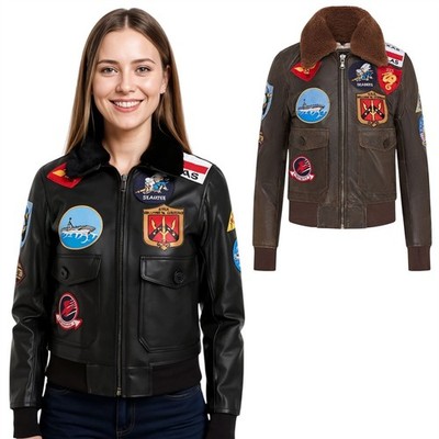 Damen Top Gun Tom Cruise Schaffellkragen A2 Bomber Lederjacke