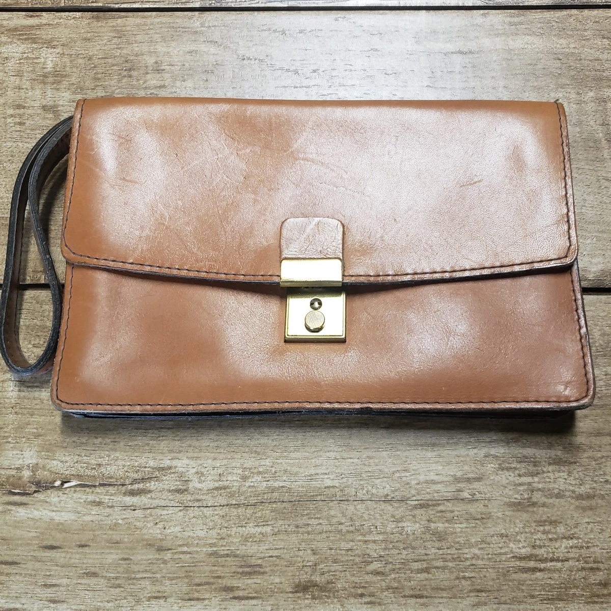 HAND CRAFTED VINTAGE Tan Leather Clutch Pouch by Sema from