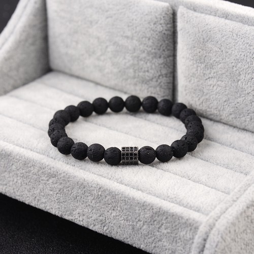 Natural Stone Beads Lava Bracelets Luxury CZ Paved Six Wheel Column Mens Braclet - Picture 17 of 50