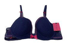 Betsey Johnson Underwire Bra Pink Bow Daisy Mesh Adjustable Straps Blue Size 32C
