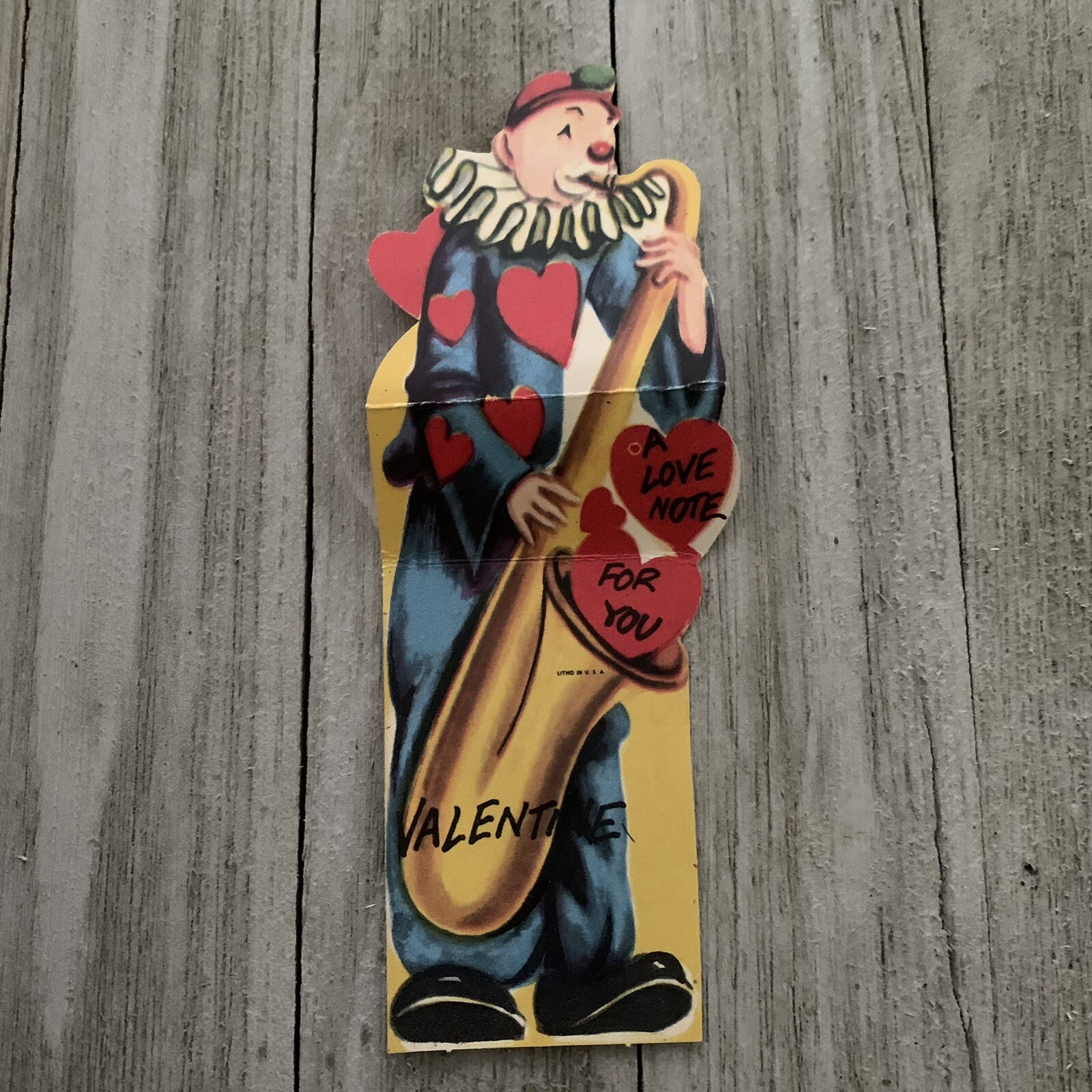Vintage Valentine Card Clown Playing Saxophone Die Cut 1950’s