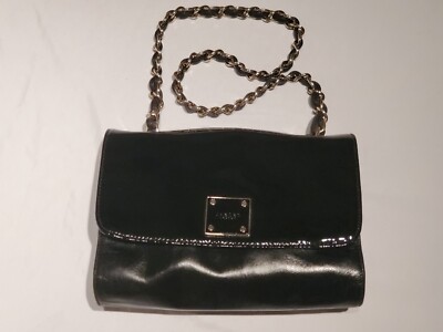 JAEGER LONDON Black Leather Patent Flap Shoulder Bag Purse Chain Strap