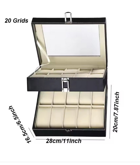 Boîte à montres en cuir noir avec 20 emplacements pour hommes et collectionneurs