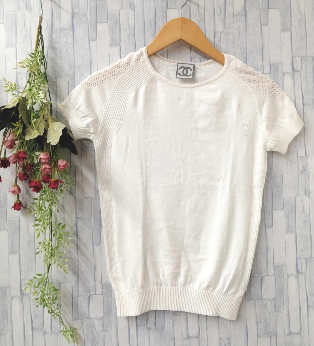 トップス CHANEL CHANEL Authentic Short-sleeve Knit Tops White Back COCO mark