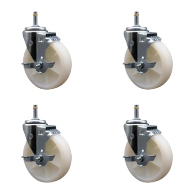 5 Inch Nylon Wheel Swivel 7/16 Inch Grip Ring Stem Caster Set with Brake SCC