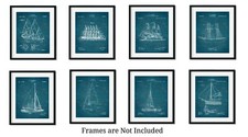 Nautical Sailboat Bathroom Wall Decor Set of 8 8x10 Patent Art Prints Sailing