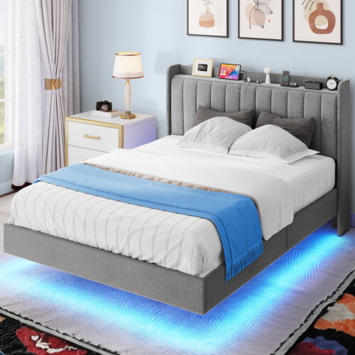 Queen Size Bed Frame Upholstered Headboard&Wingback Floating Led Platform w/Port