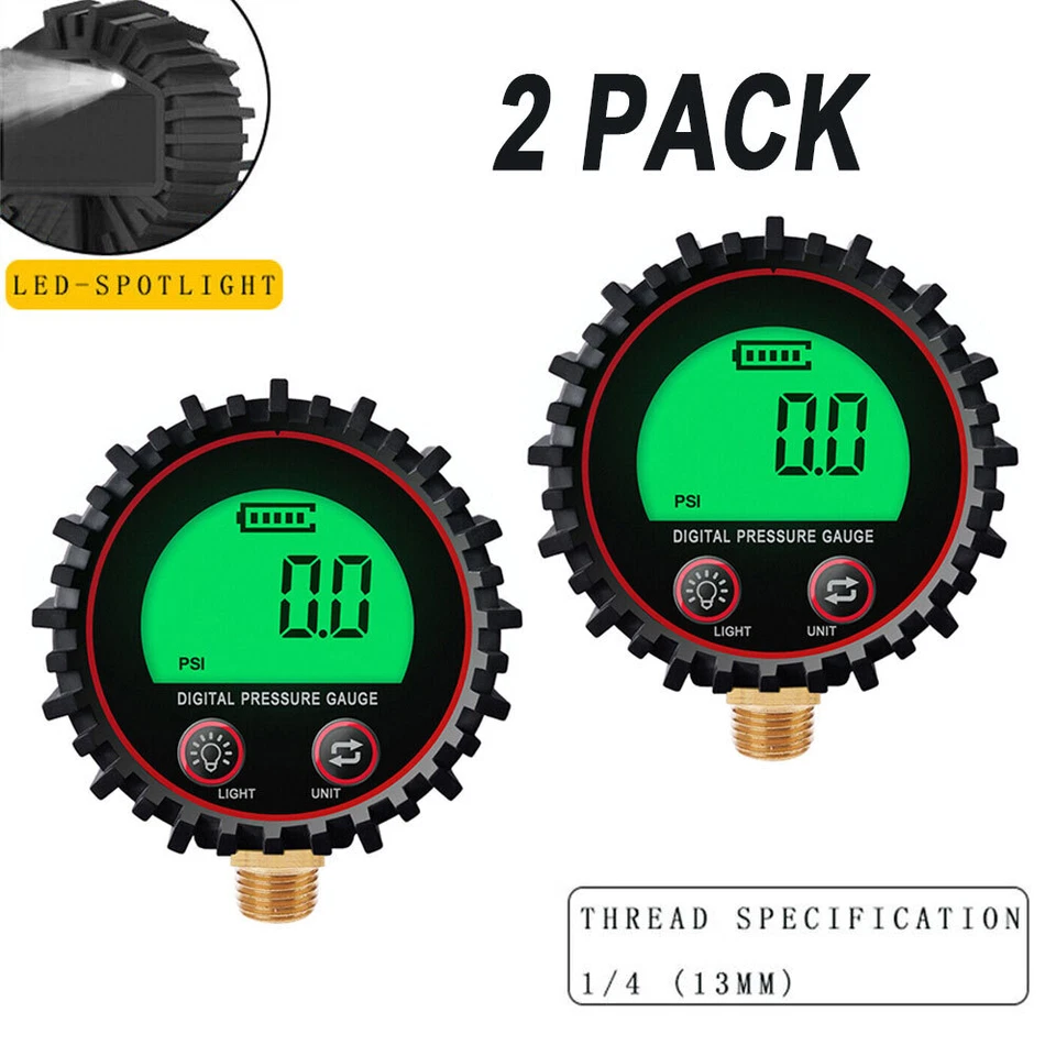 2x Digital Gas Pressure Gauge With 1/4'' NPT Bottom Connector Rubber Protector