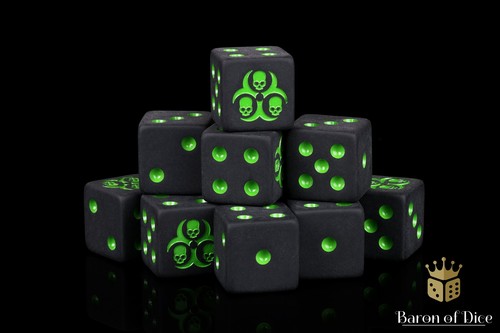 Black Plague Wargaming Dice - Resin D6s - Black with Green Symbols - Picture 6 of 9