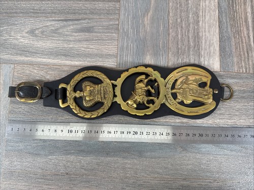 X3 Vintage Pferd Messing am Martingale Lederband 35 cm lange Krone, Windsor grau - Bild 13 von 13