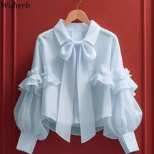 Bluse Frauen Locker Langarm- Shirt Top Mode Büro  Sommer süß Korea kawai