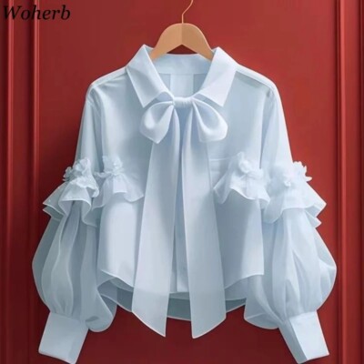 Bluse Frauen Locker Langarm- Shirt Top Mode Büro  Sommer süß Korea kawai