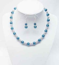 Teal Green w/Grey Glass Pearl/Rondelle Crystal Rhinestone Necklace/Earrings Set