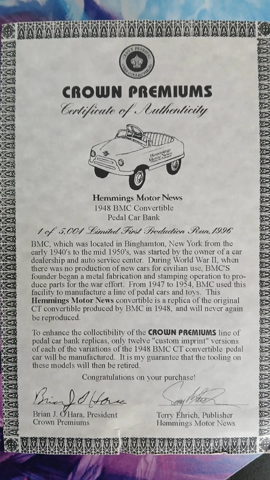 DIE CAST 1948 BMC PEDAL CAR, LIMITED EDITION, w/ CERTIFICATE OF AUTHENTICTY - Image 2 of 4