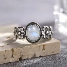 Rainbow Moonstone 925 Sterling Silver Handmade Statement Ring Size 7