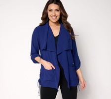 Susan Graver Regular Crinkled Woven Drape Front Cardigan Blue Cosmos XXS New