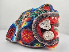 Huichol Mexican Folk Art 3.5" x 3.5" x 4" BEADED JAGUAR HEAD  Beautiful Bead Art