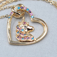 Unicorn Heart Pendant Necklace Multicolor Rhinestone Gold tone 18"-20"