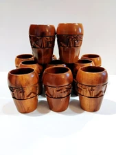 Mid-Century Monkey Pod Wood Cups Set of 12-Hand Carved Tiki Shot / Cocktail Set