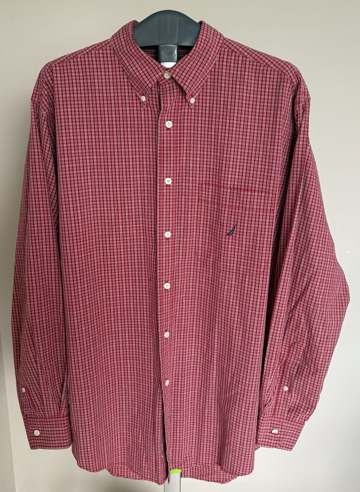 Nautica Long Sleeve Button Down Cotton Shirt Red and Blue Plaid Size L