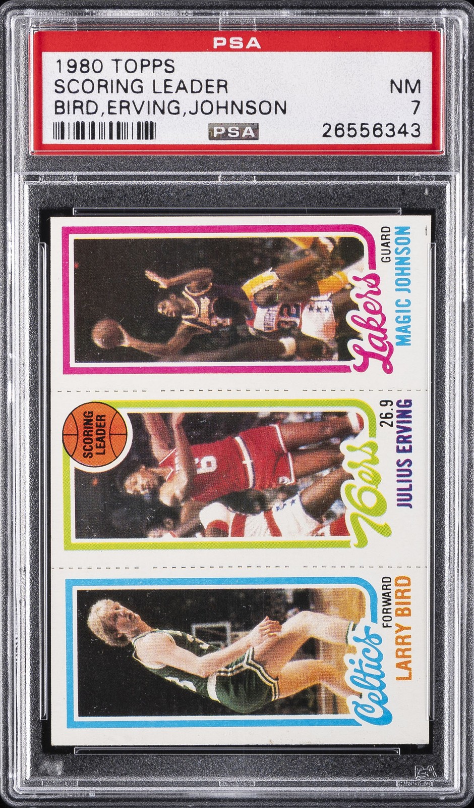 1980 TOPPS SCORING LEADER JULIUS ERVING/LARRY BIRD/MAGIC JOHNSON PSA 7