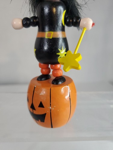 Vintage Halloween Wooden Witch on a Pumpkin collapsible toy - Picture 2 of 7