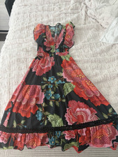 Farm Rio Women's Floral Maxi Dress S Black Pink Ruffle Flutter Short Sleeve