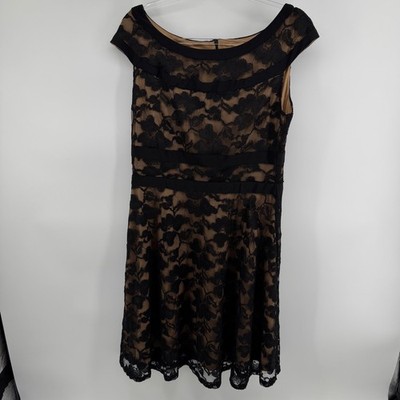 Connected Apparel Black Lace Overlay Sheath Dress Nude Lining Size 12