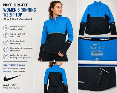 Nike Dri-FIT Running 1/4 Zip Women s Small Blue Black Reflective Top