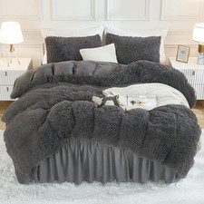 Dark Grey Queen Comforter Set, 3 Pieces Fluffy Faux Fur Warm Soft Fuzzy Plush