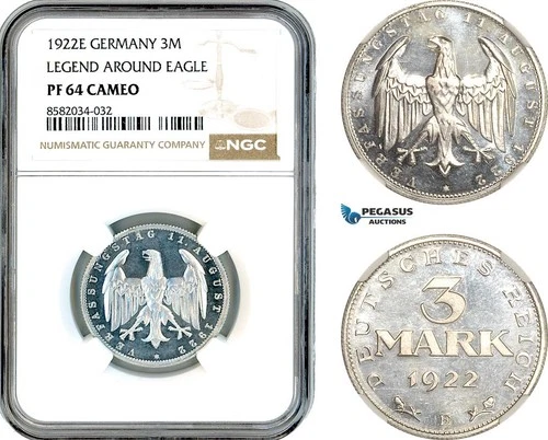 AL154, Germany, 3 Mark 1922 E, Weimar Constitution, Muldenhutten Mint, NGC PF64