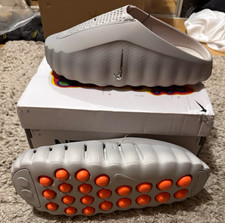 Nike mind sliders, grey with orange dimples. Slip on.  Box is slightly damaged