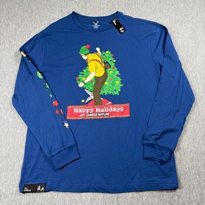 The Office Graphic Shirt Mens Large Blue Long Sleeve Dunder Mifflin Holiday NWT