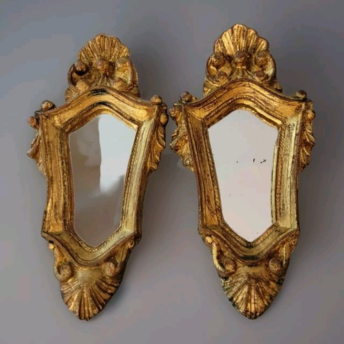 Pair Of Vintage Gilded Florentine Mirrors Small Ornate Gold Leaf Made