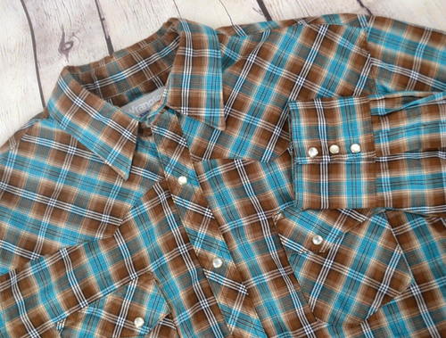 WRANGLER WRANCHER Men's Long Sleeve Peral Snap Shirt SIZE XL Brown / Turquoise