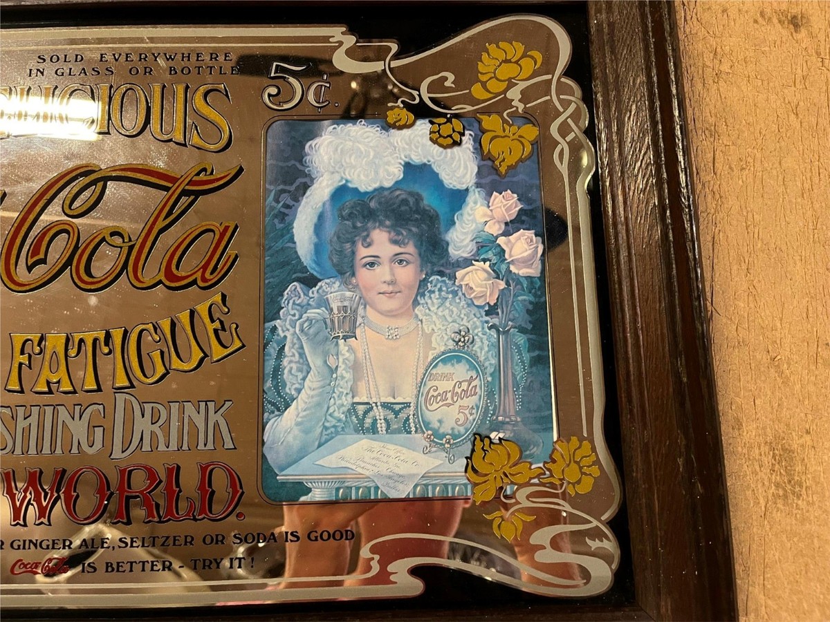 Vintage 1980s Coca Cola Framed Advertising Mirror Soda Sign