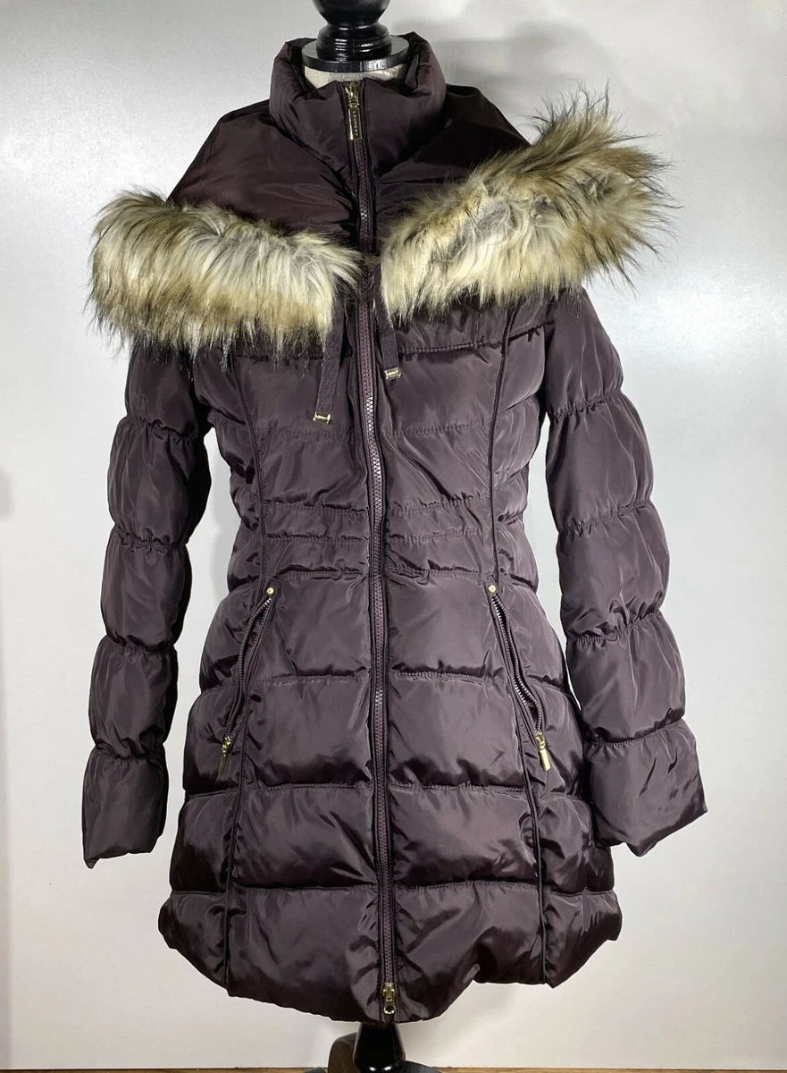 Laundry by Shelli Segal Faux-Fur-Trim Plum Hooded Puffer Coat, Small | eBay