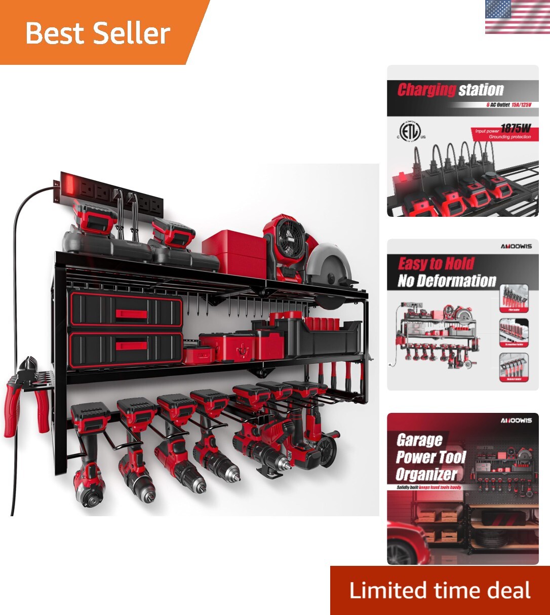 Power Tool Organizer with Charging Station, Garage Storage Shelf with 6 Outle...