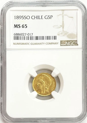 1895 SO GOLD CHILE 5 PESOS STANDING LIBERTY COIN SANTIAGO MINT NGC MINT STATE 65