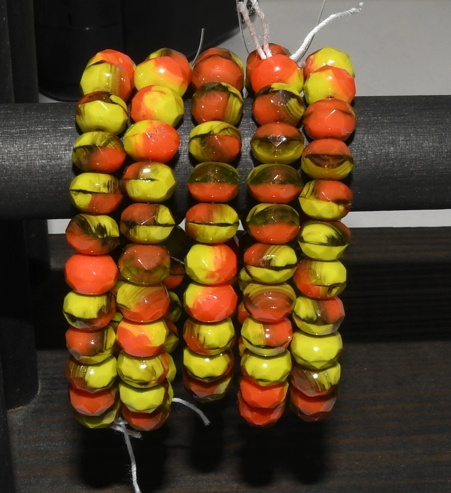 Czech Glass Rondelle 8x5mm Beads Gaspeite Green, Orange Opaque - 25 Beads - Image 4 of 4