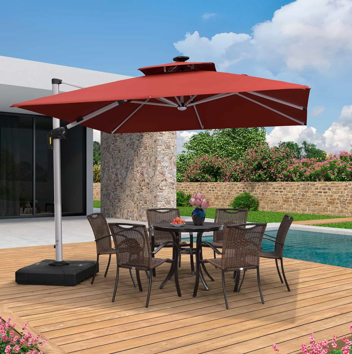 led cantilever patio umbrella vienne 10 red Feet Offset Block out the shining sun during the day and create a romantic space during the evening with this amazing 10 ft LED cantilever umbrella Pellebant Outdoor 10x13FT Patio Cantilever