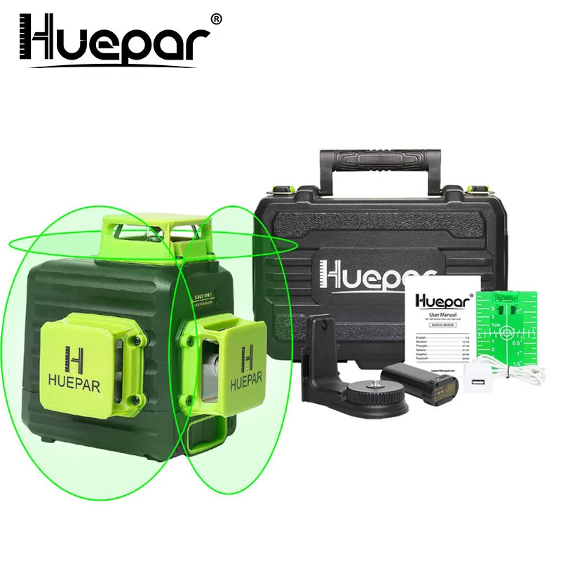 Huepar 3D Cross Line Self-leveling Laser Level 12 lines Green Beam Li-ion  Battery with Type-C Charging Port & Hard Carry Case