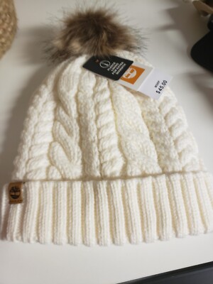 Timberland Women's White Creamy Knit Cable Beanie Hat One Size $45